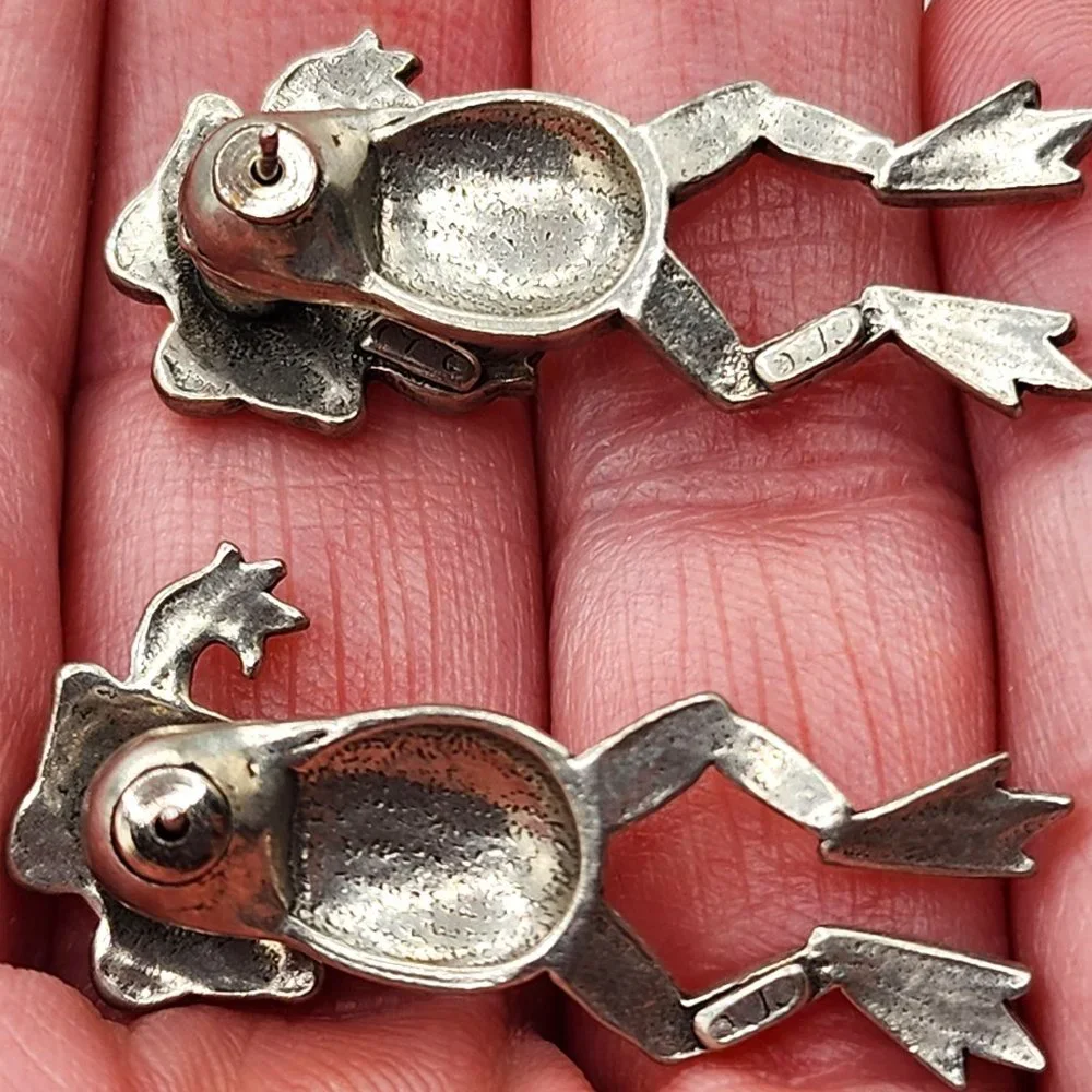 Vintage J.J. Jonette Jewelry Pewter 3D Frog Toad Two Piece Pierced Earrings